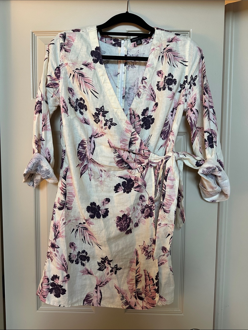 Saks Fifth Avenue Cream Mini Wrap Dress with Purple Floral Print